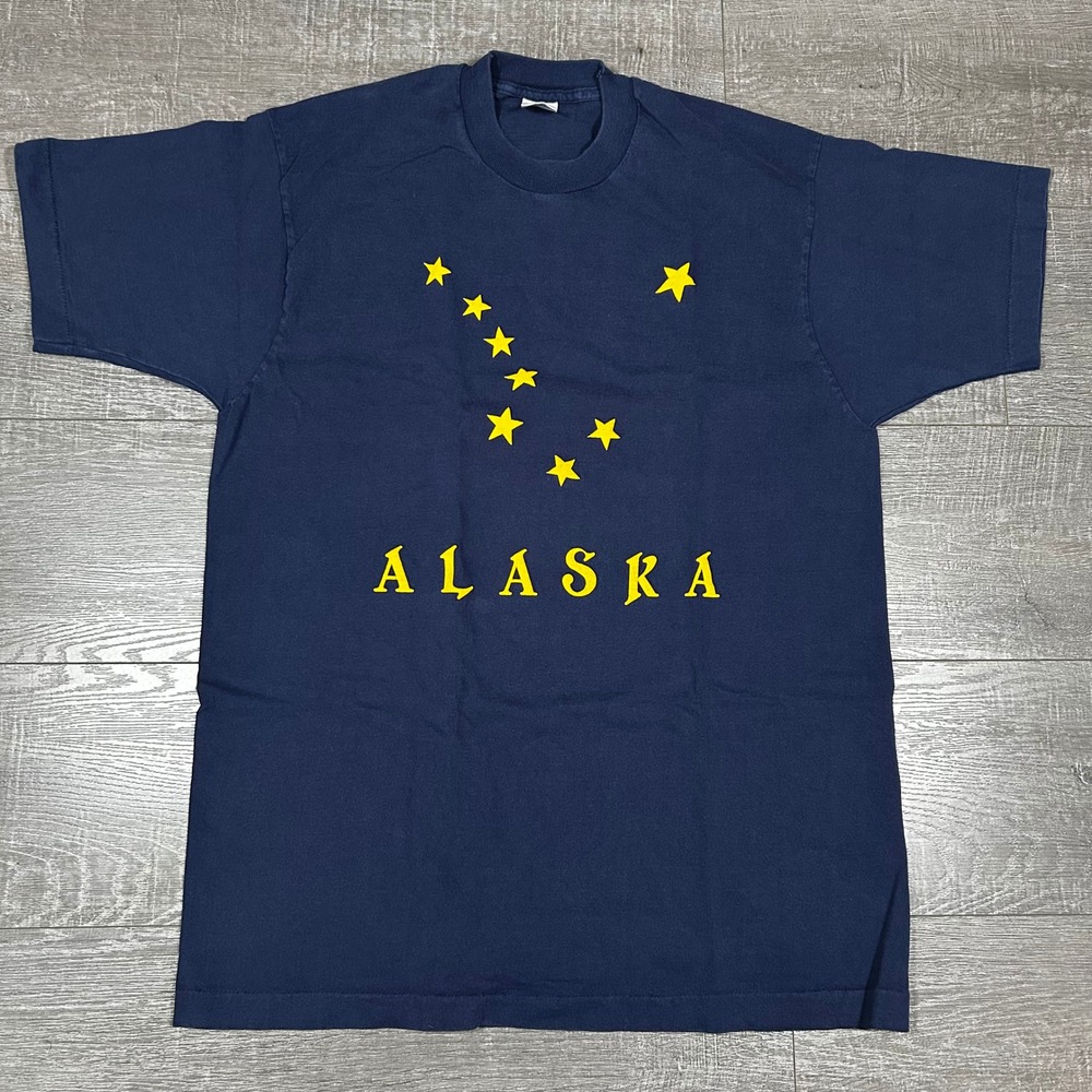 Vintage 90s Fruit of the Loom Alaska State Flag T-Shirt‎ XL Navy Blue USA Made